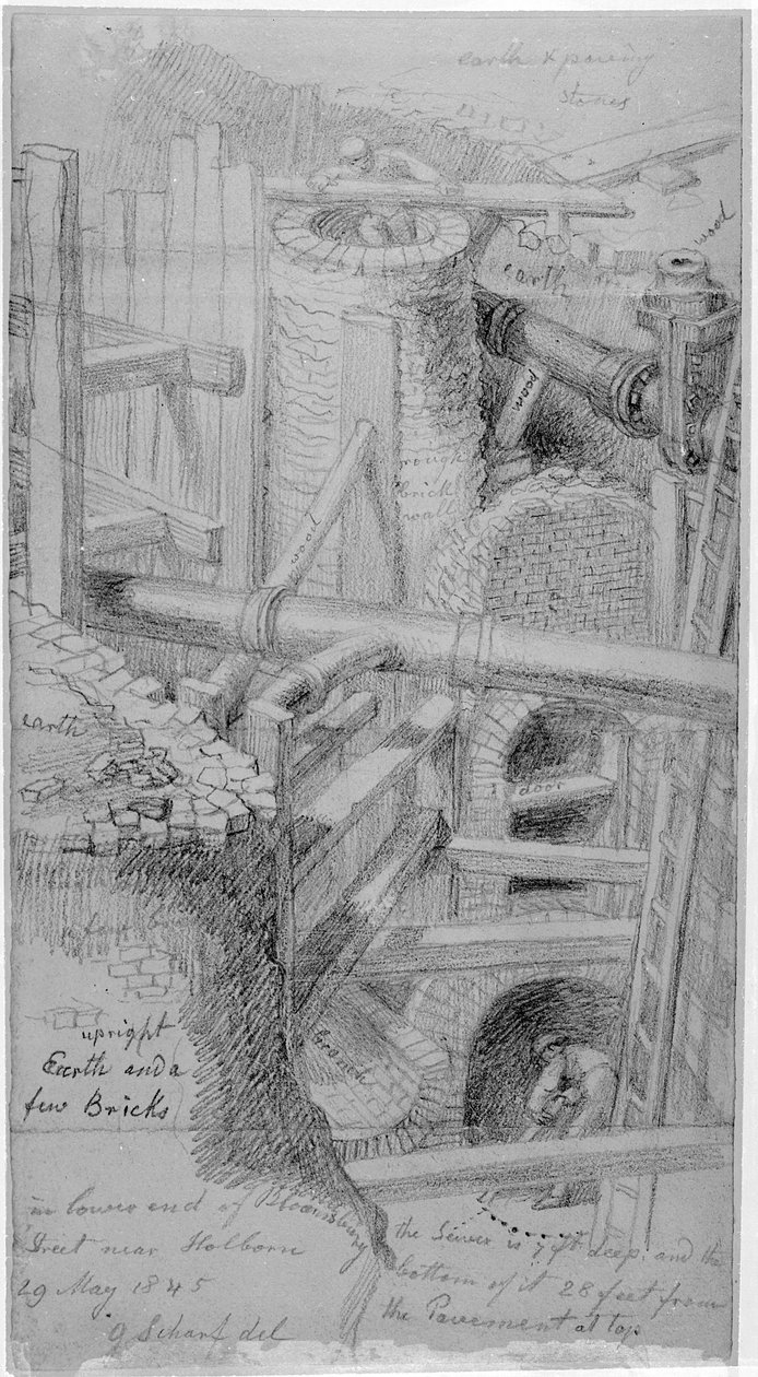 Construção de esgoto em Bloomsbury, Londres, 1845 de George Snr Scharf