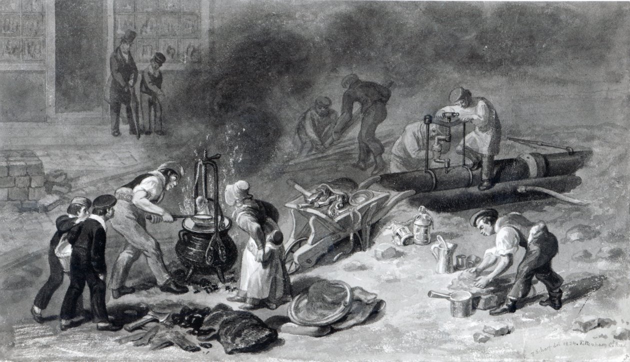 A colocação da água-Main em Tottenham Court Road, 1834 (aquarela sobre papel) de George Snr Scharf