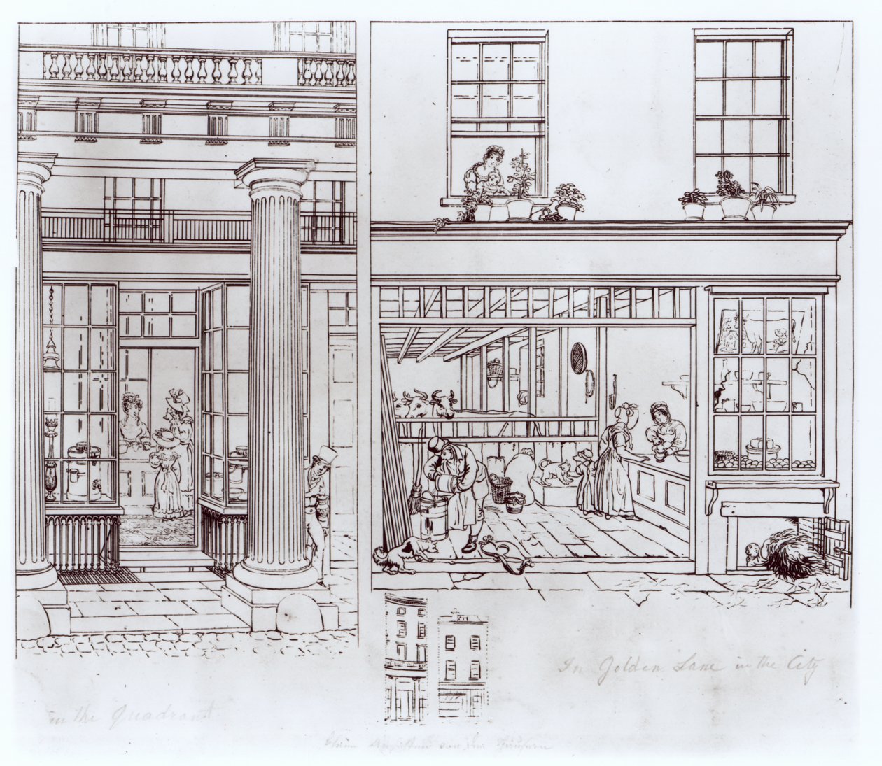 O Quadrante, Regent Street e Golden Lane, Londres, c.1829 (caneta no papel) de George Snr Scharf