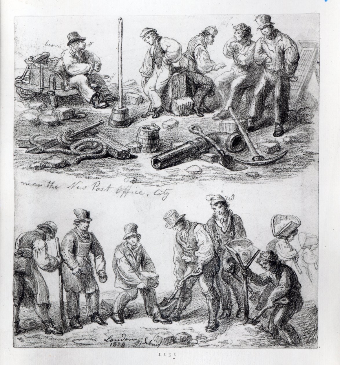 Trabalhadores perto do novo posto de correios na cidade, Londres, 1828 de George Snr Scharf