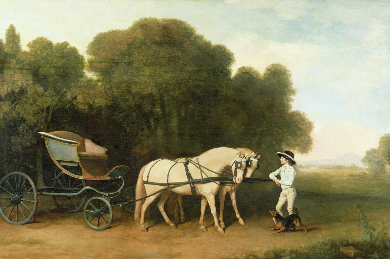 Um Phaeton com um par de pôneis de creme à carga de um estábulo, c.1780-5 de George Stubbs