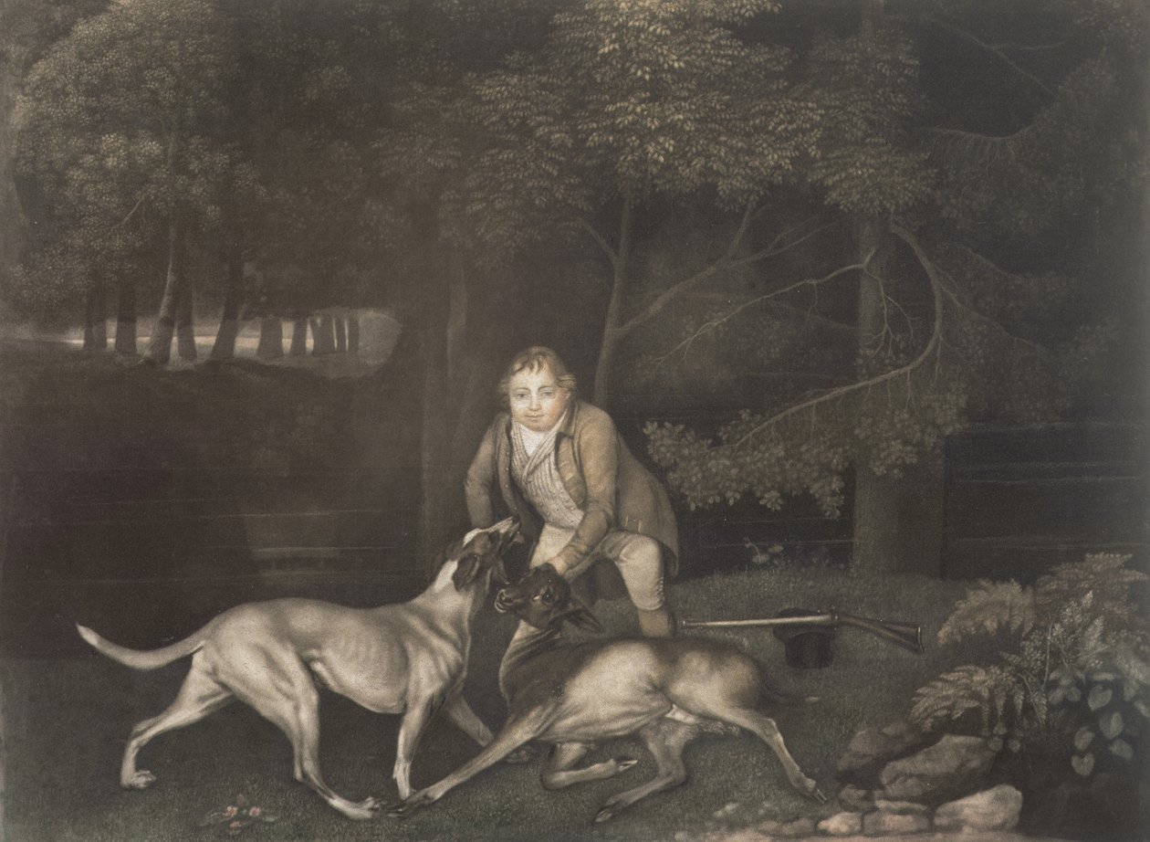 Freeman, Guardião do Conde de Clarendon, com um cão e uma corça ferida, 1804 (mezzotint) de George Stubbs