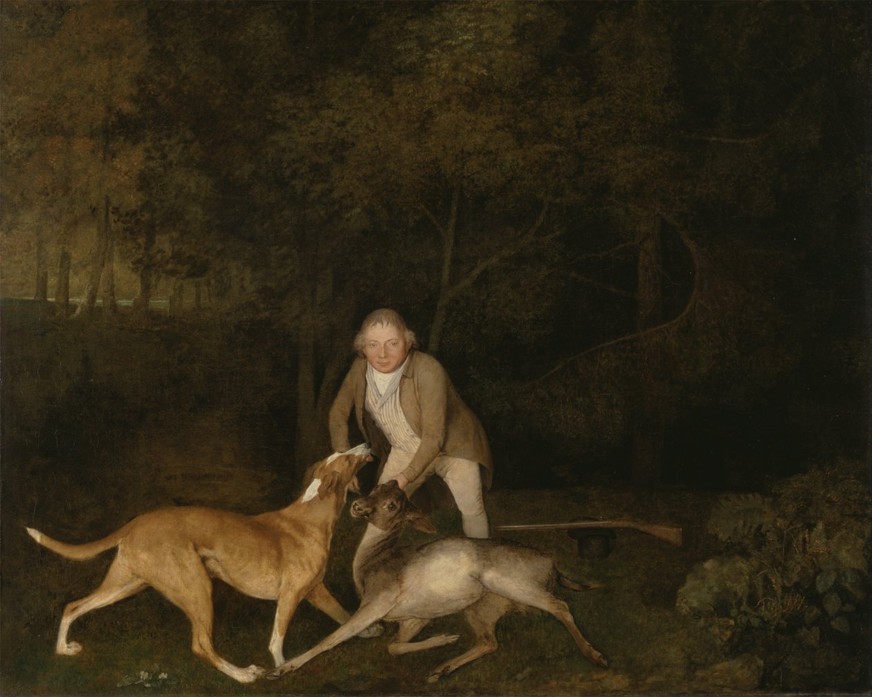 Freeman, o gamekeeper do Conde de Clarendons, com uma corça e cão prestes a morrer de George Stubbs