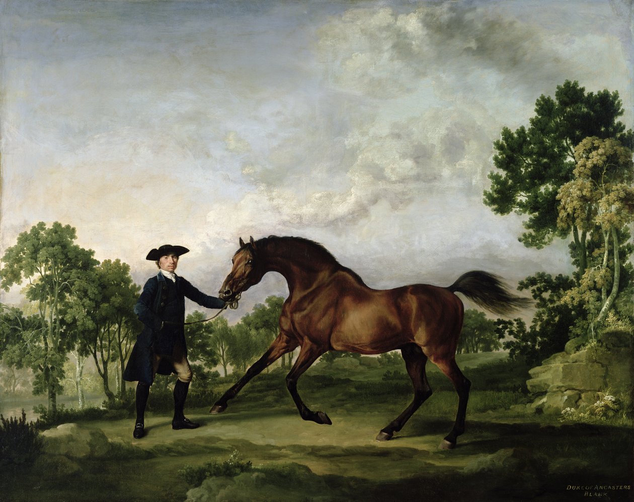 Garanhão da Baía do Duque de Ancaster Em branco, segurado por um noivo, c.1762-5 de George Stubbs