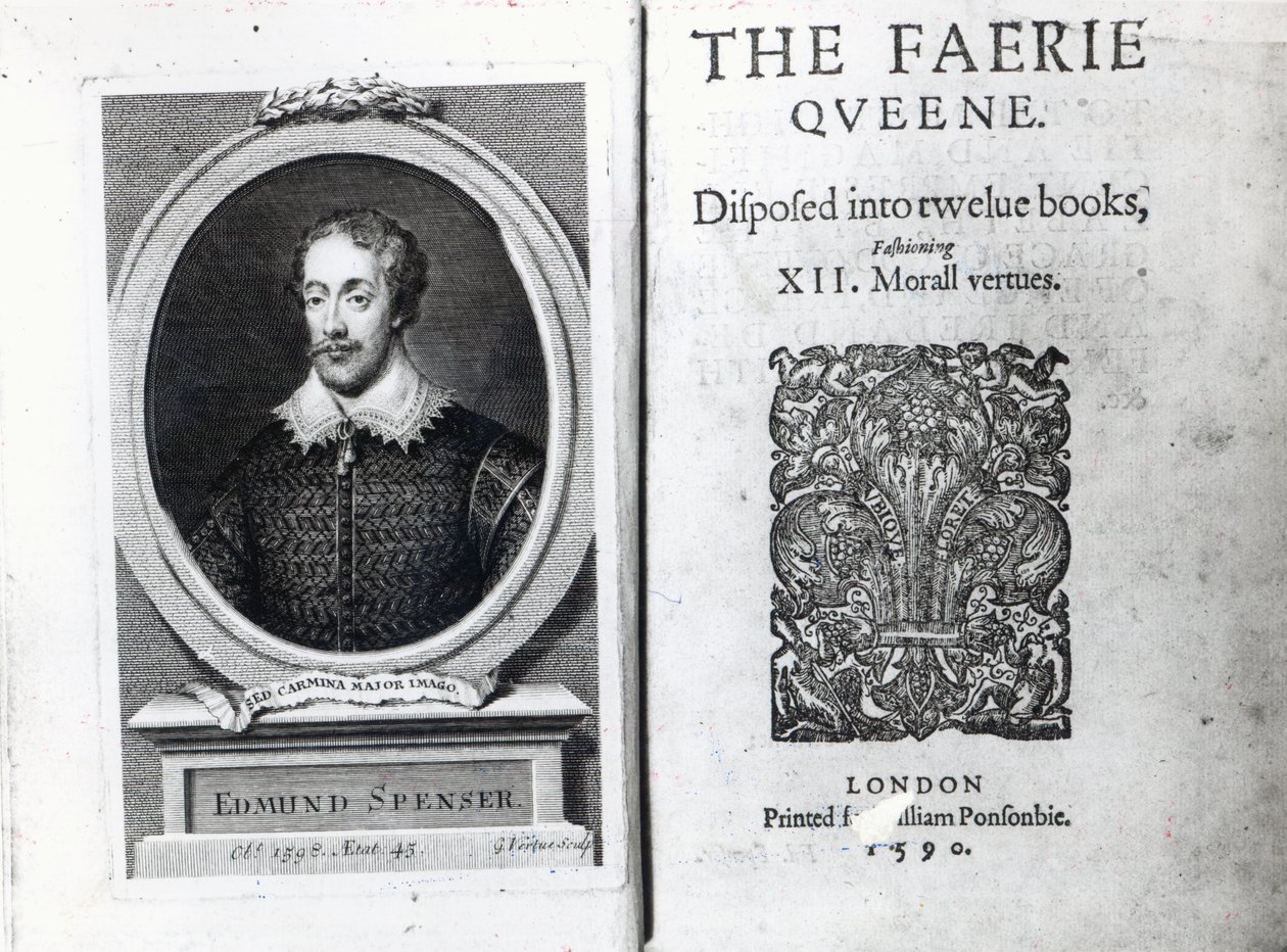 Retrato de Edmund Spenser e o frontispício de seu poema &39;The Faerie Queene&39;, publicado originalmente em 1590 de George Vertue