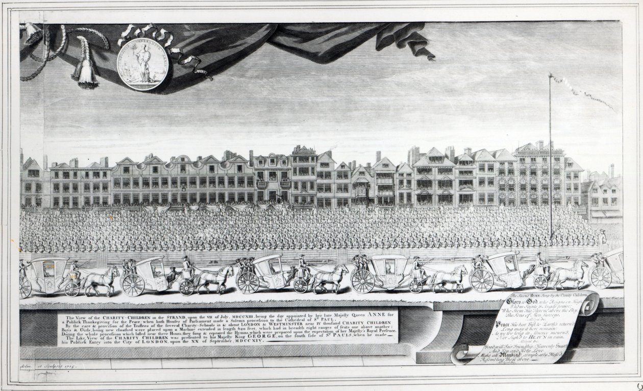 Vista das crianças de caridade na Strand, 7 de julho de 1713, impressão feita em 1715 de George Vertue