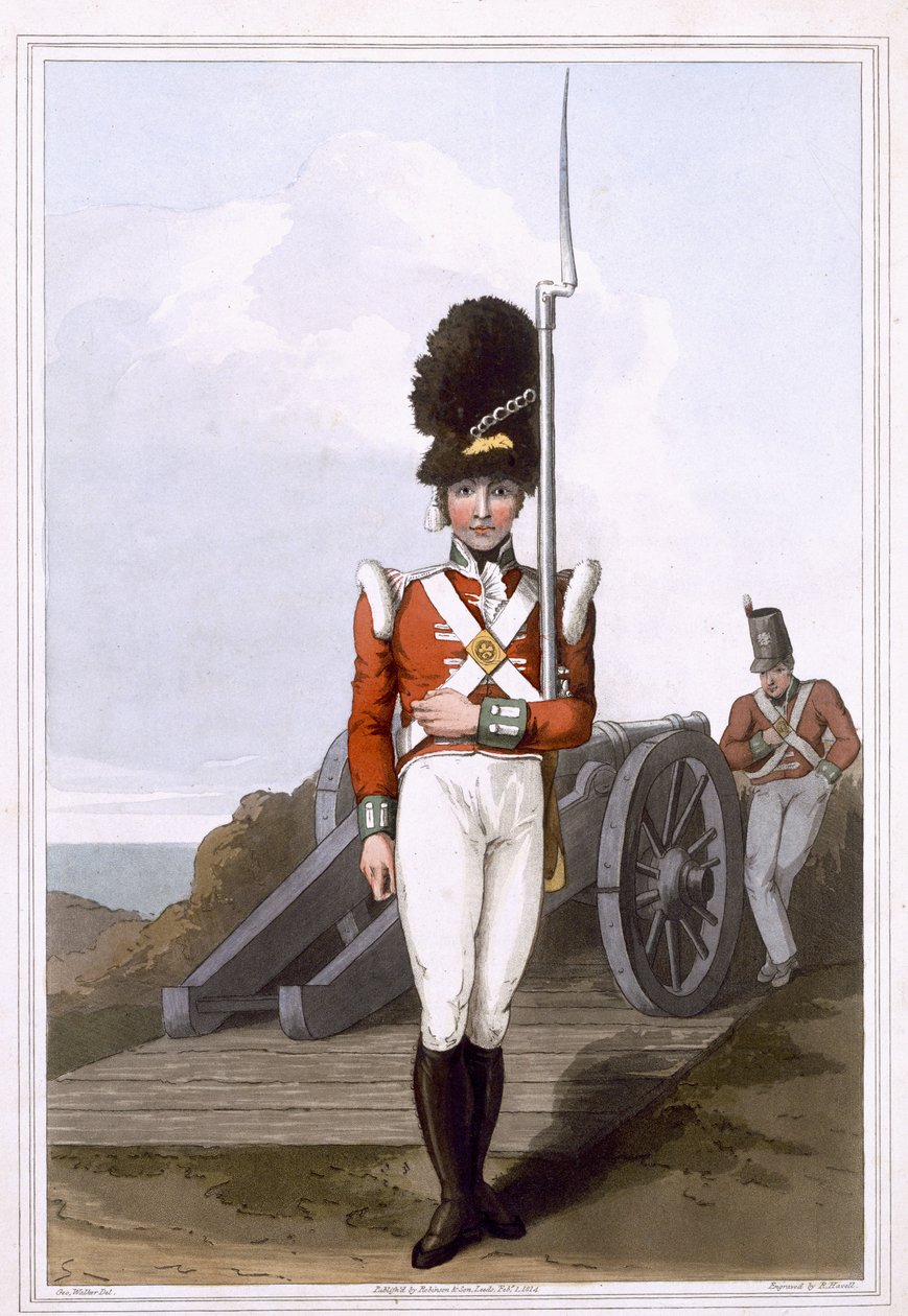 Granadeiro da Primeira Milícia de West York, gravada por Robert Havell, o Velho, publicada em 1814 por Robinson and Son, Leeds de George Walker