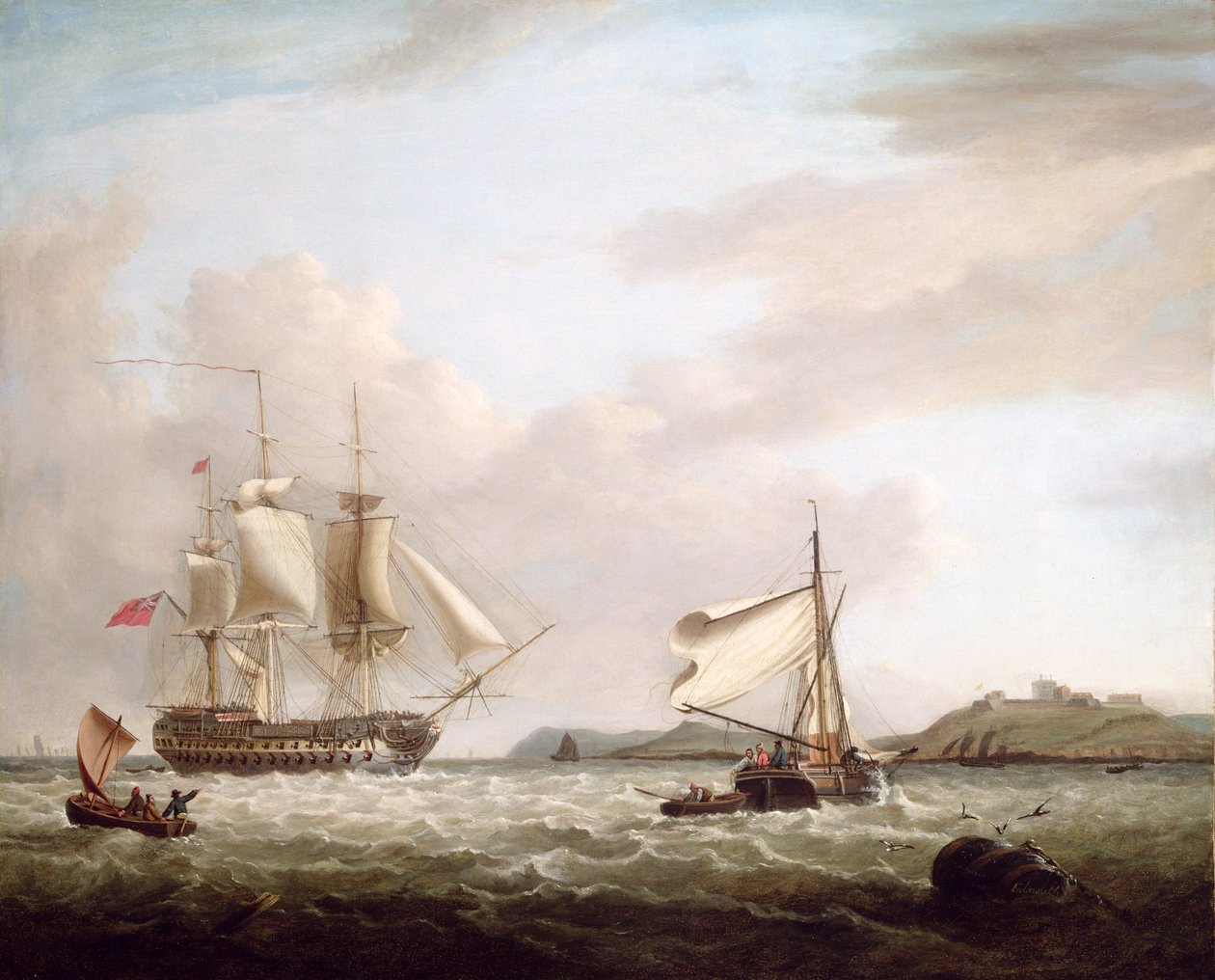 Um homem-de-guerra inglês fora do Castelo de Pendennnis, Falmouth 1801 de George Webster