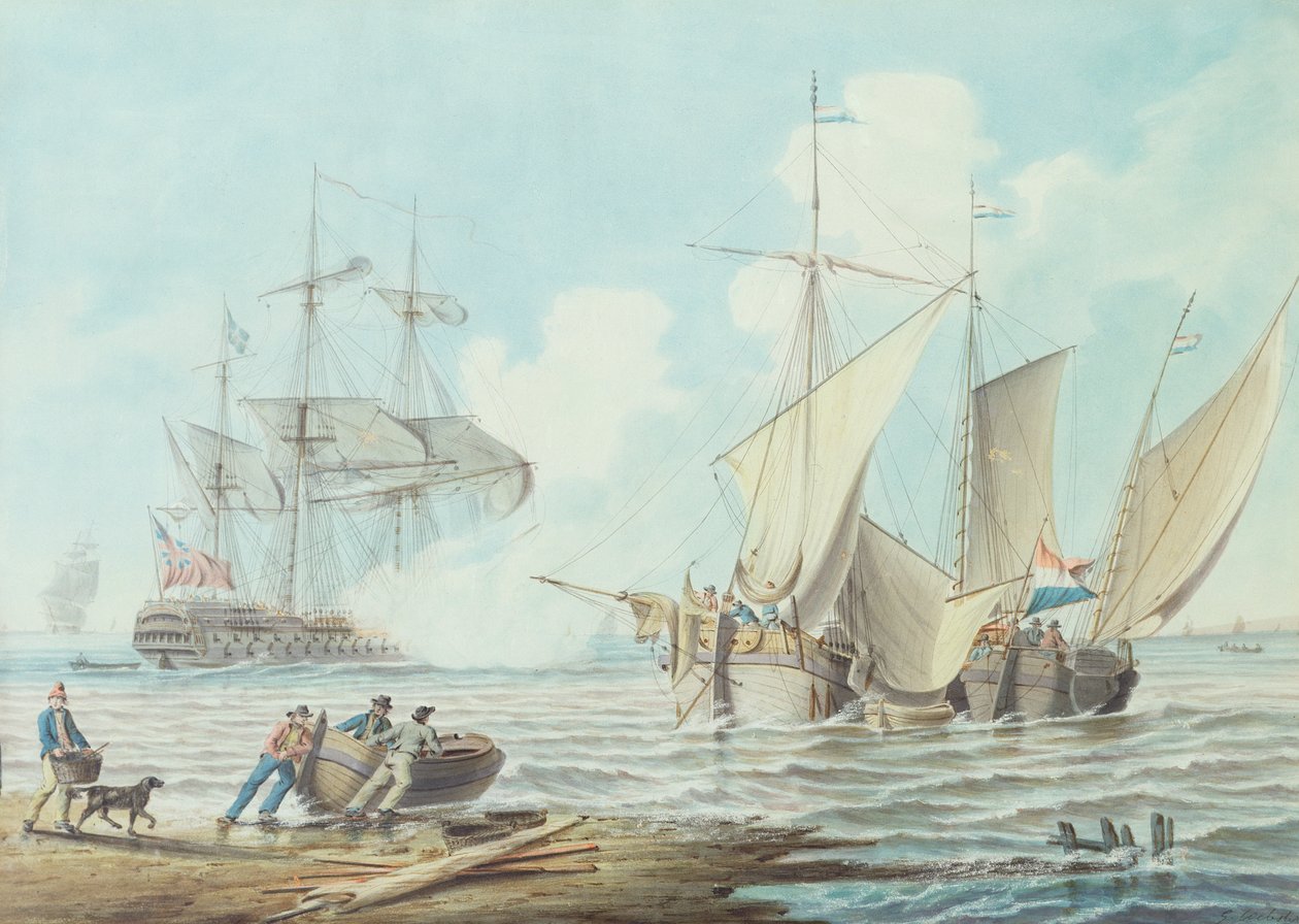 Pinks holandeses e um britânico Man-o&39;-War fora de um litoral de George Webster