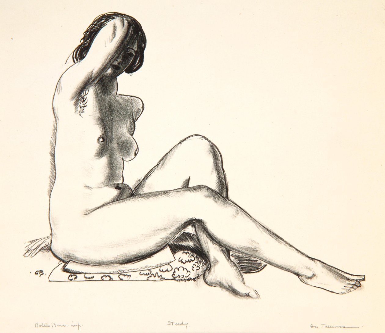 Estudo nu, garota sentada em uma almofada florida, 1923-24 de George Wesley Bellows