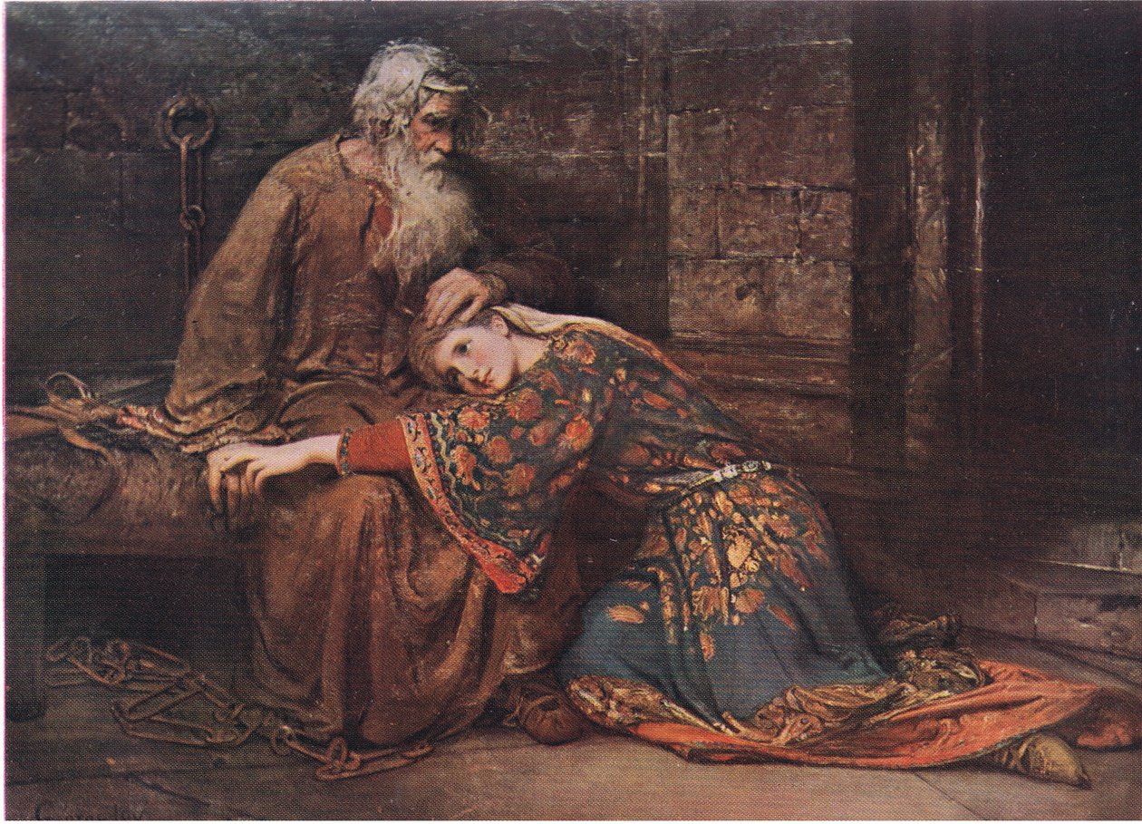 Cordelia confortando Rei Lear na prisão (Rei Lear) Nós dois sozinhos cantaremos como pássaros Eu a gaiola, de The Complete Works de William Shakespeare pub.by J Coker & Co Ltd de George William Joy