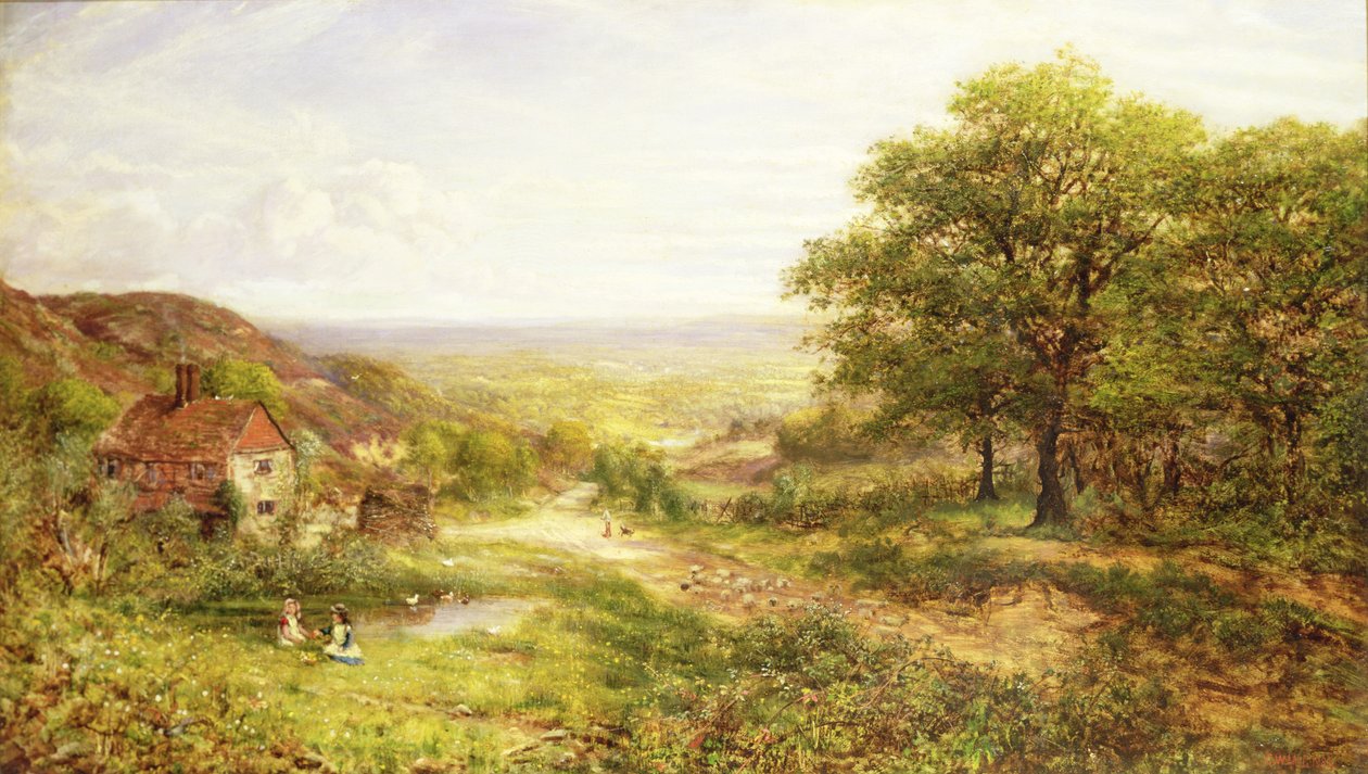 Paisagem com crianças por uma lagoa, 1884 de George William Mote