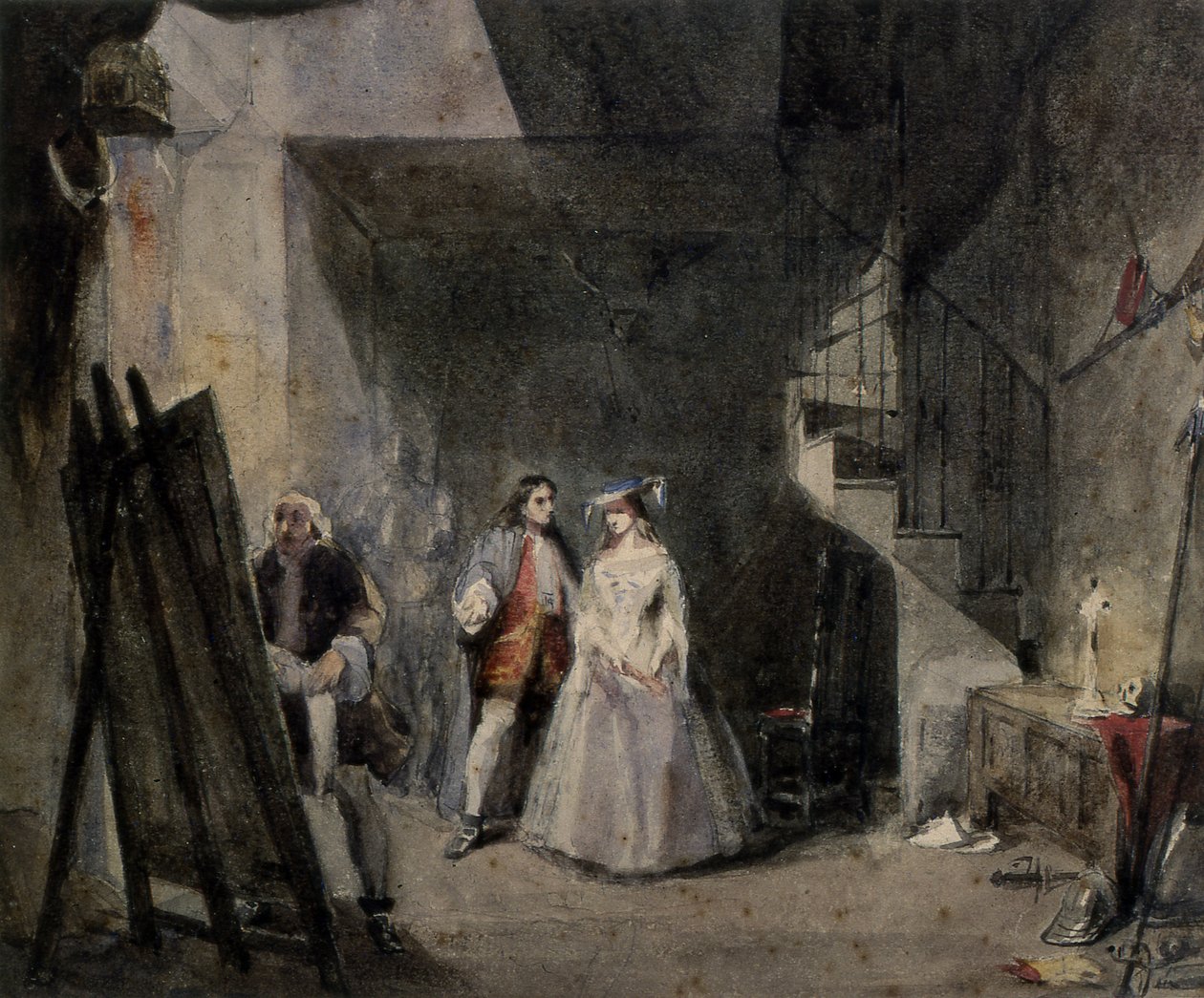 Interior, de, um, artistas, estúdio, com, figuras, em, 18º século, traje de George attr. to Cattermole