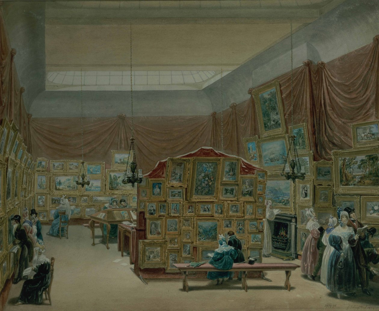 Interior da Galeria da Nova Sociedade de Pintores em Aquarela, Old Bond Street, 1834 de George the Elder Scharf