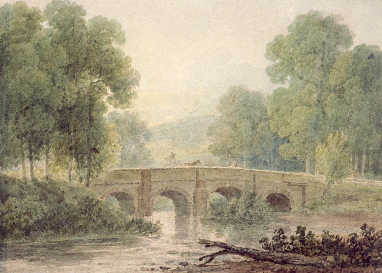 Paisagem arborizada com uma ponte de pedra sobre um rio (aquarela) de George the Younger Barret