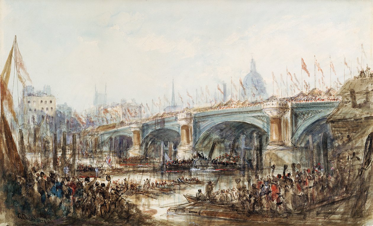 Vista da Abertura da Nova Ponte Blackfriars pela Rainha Vitória (1819-1901) 6 de novembro de 1869 de George the Younger Chambers