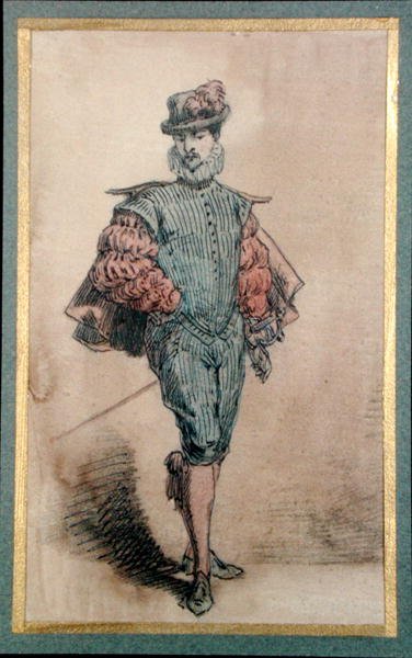 Personagem masculino em traje histórico (lápis, tinta e aquarela sobre papel) de George Sand