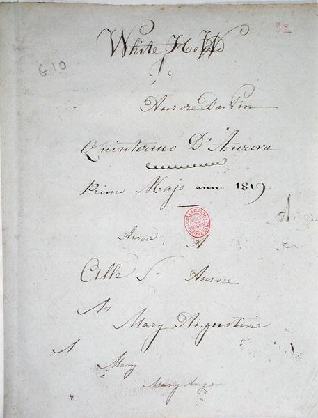 White Hew, página de título de um manuscrito de Aurore Dupin com sua assinatura, maio de 1819 (caneta e tinta sobre papel) de George Sand