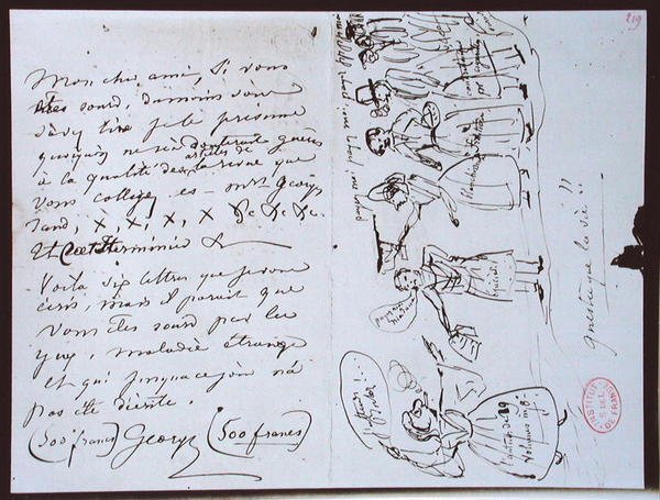 Fonds Lovenjoul E858 Sra. 937 1.219 Carta de George Sand (1804-76) a François Buloz, Editor da "Revue des Deux Mondes", pedindo pagamento e com um desenho animado do escritor se mostrando rodeado de credores de George Sand