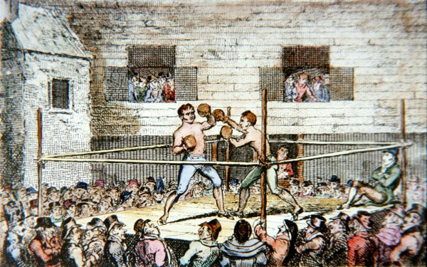 Um jogo de luta na quadra dos cinco, em Londres, de uma estampa publicada em 1812 (cor litho) de George (after) Cruikshank