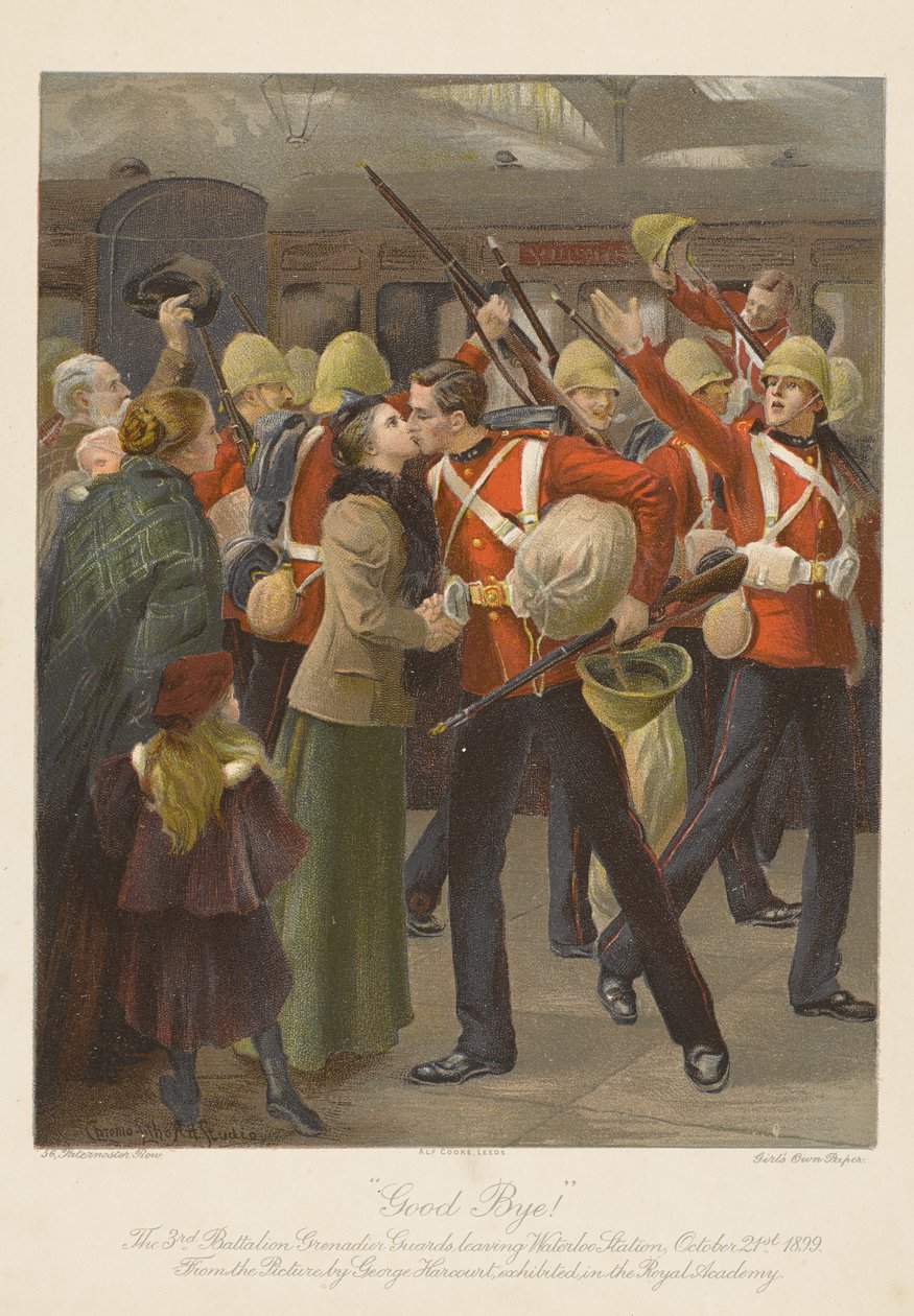 Adeus! O 3º Batalhão Grenadier Guardas Saindo da Estação de Waterloo, 21 de Outubro de 1899 (chromolitho) de George (after) Harcourt
