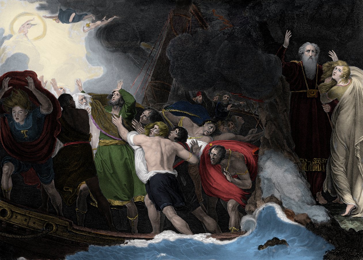 Prospero e Miranda, à direita, de pé na ilha enquanto os marinheiros estão naufragados de George (after) Romney