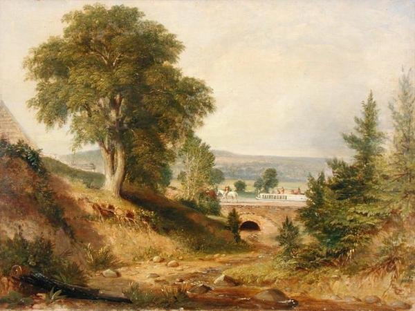 Canal Aqueduto Cruzando uma Corrente, c.1840-49 (óleo sobre tela) de George (attr.) Harvey
