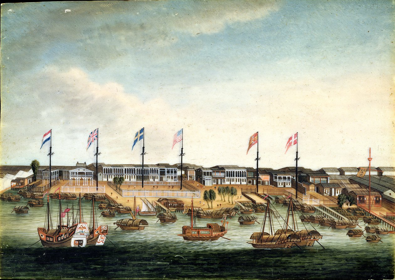 Os Hongs em Cantão, antes de 1820 (óleo sobre marfim) de George (follower of) Chinnery