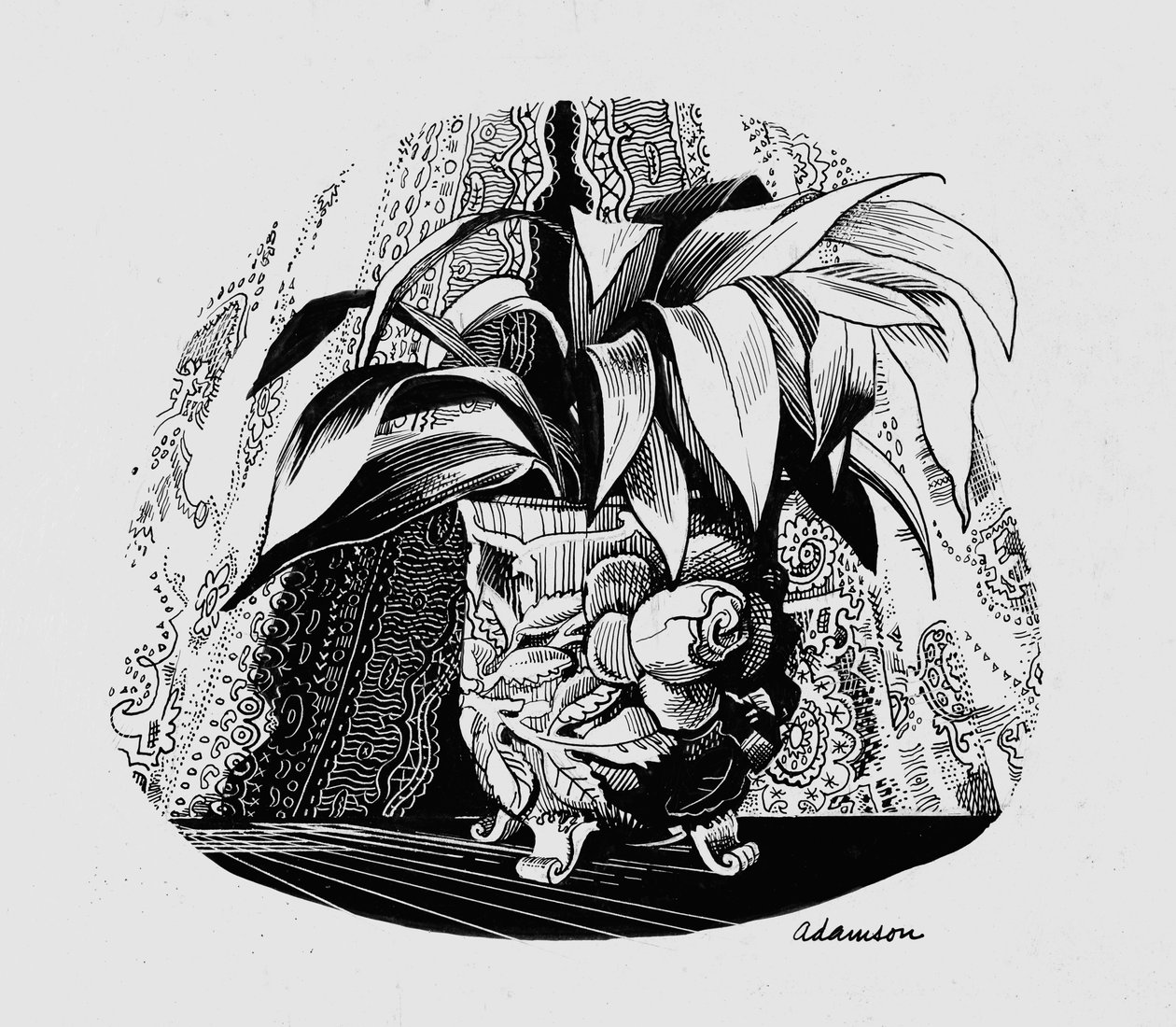 Aspidistra em uma tigela, década de 1950 (tinta indiana na placa de raspagem) de George Adamson