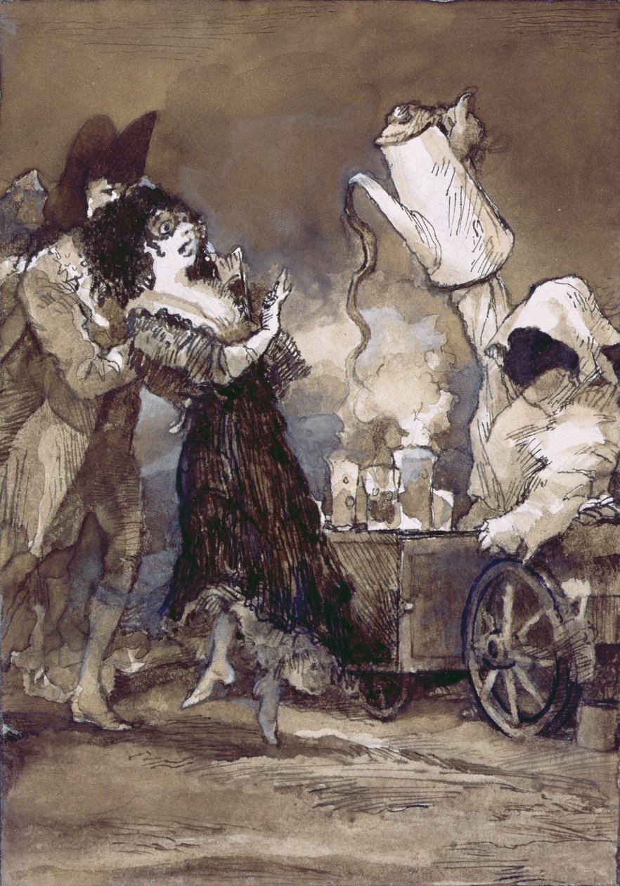 Café con leche caliente (depois de Goya) (guache sobre placa pintada a gesso) de George Adamson