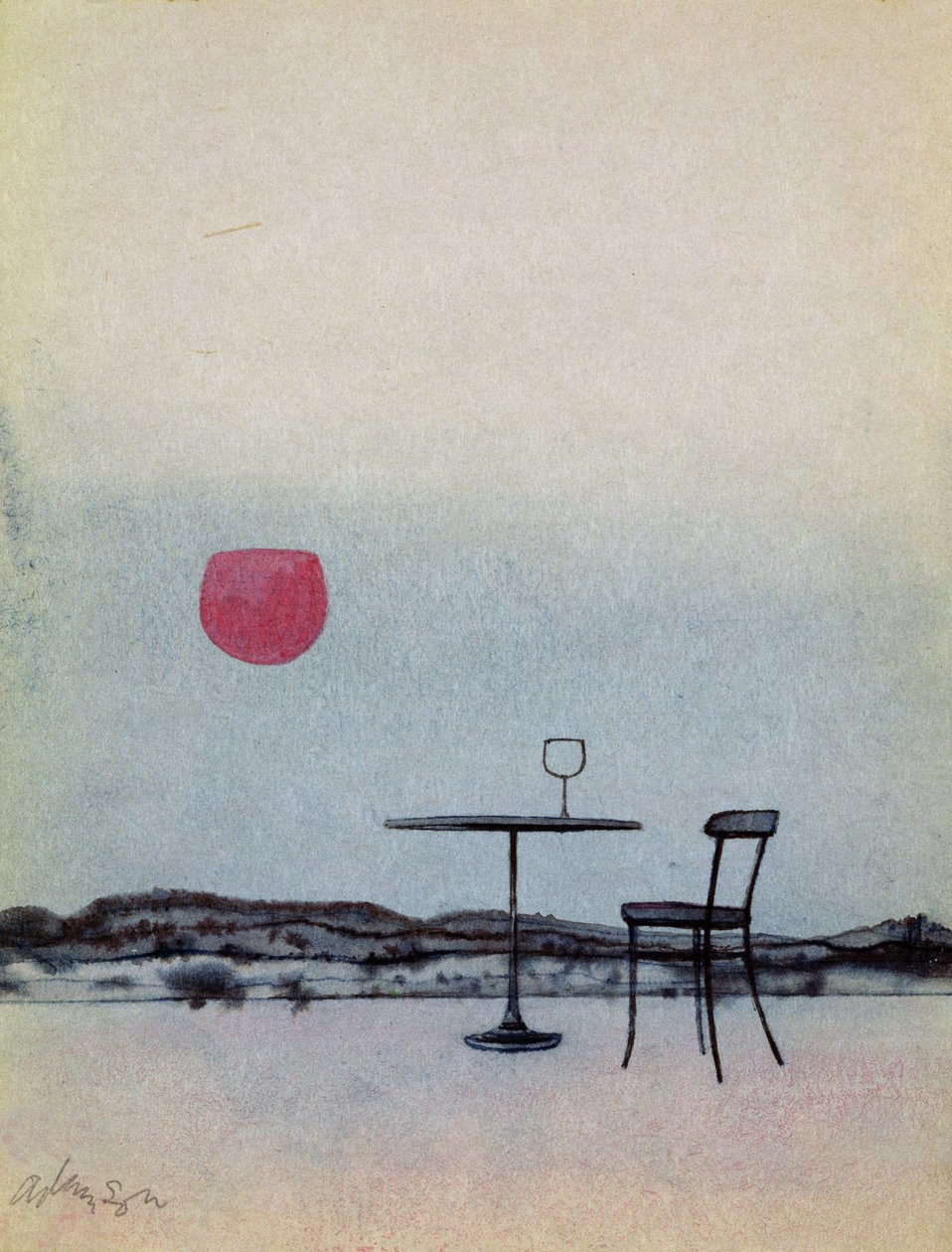 Vinho tinto deslocado de vidro na mesa exterior torna-se o sol poente (caneta com lavagem e guache no cartão) de George Adamson