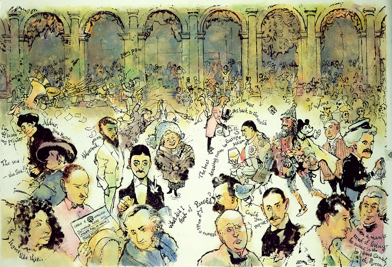 Rostos famosos fora Florians na Piazza San Marco, Veneza, c.1990 (guache em cartão duro com tinta sobre overlay de acetato) de George Adamson