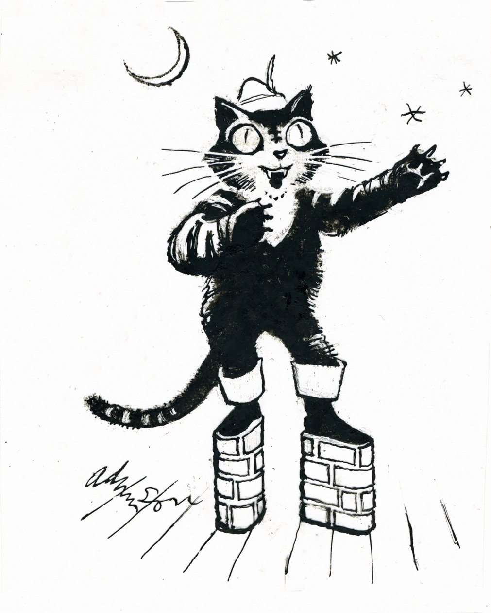 Puss in (brick-wall platform) botas (tinta na transparência sobre o cartão branco) de George Adamson