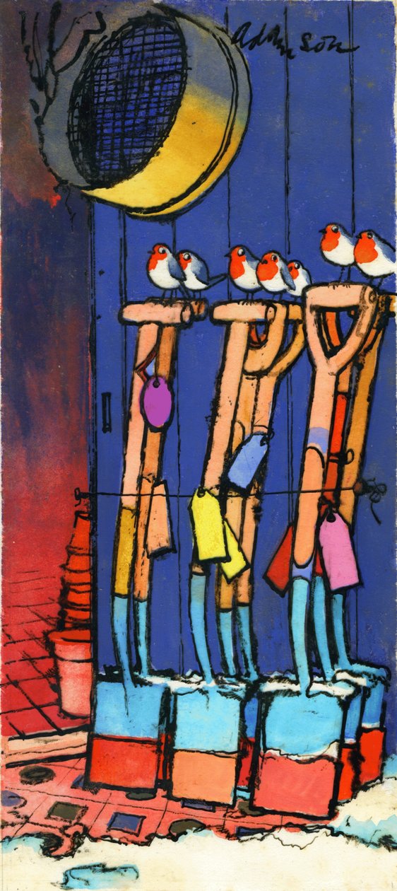 Robins and Spades, 1970 (tinta indiana sobre transparência sobre guache no cartão) de George Adamson
