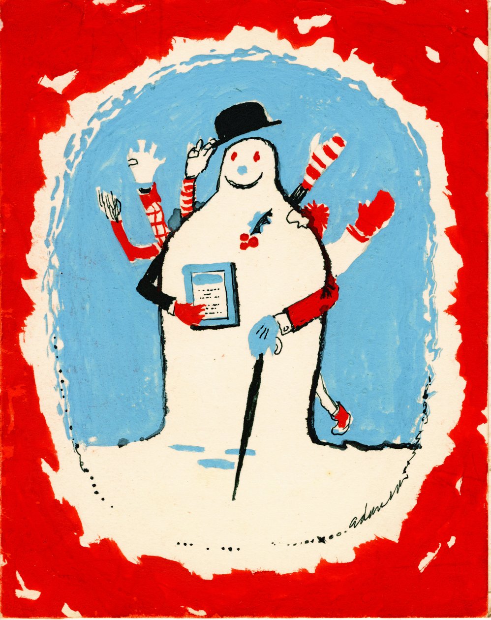 Boneco de neve com muitos braços, 1970 (guache no cartão) de George Adamson