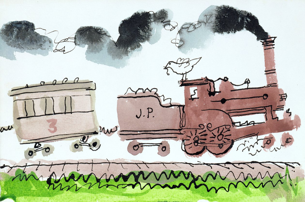 O Trem a Vapor, Parte I, 1952 (nanquim e caneta e papel) de George Adamson