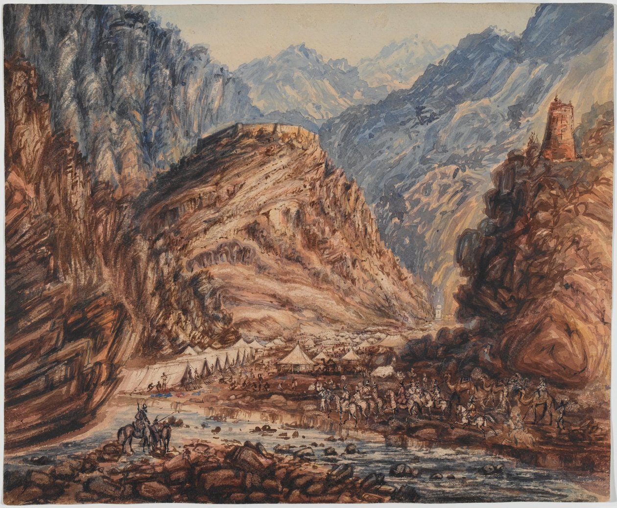 Forte de Ali Musjeed, Acampamento Khyber Pass da 4ª Brigada do Major General Pollocks Force, Abril de 1842 (aguarela) de George Alfred Croly