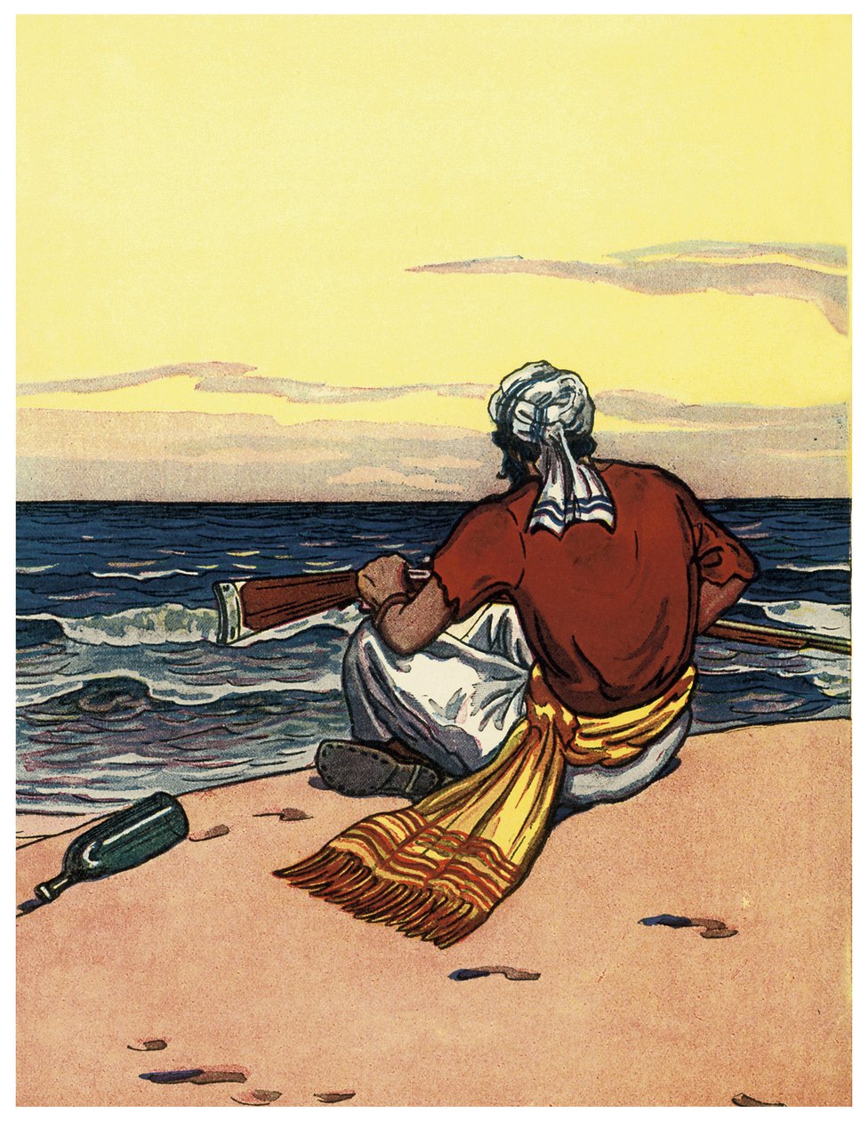 Um pirata abandona uma ilha deserta olha para a linha do horizonte Ilustração de "The Boys Books of Pirates" de George Albert Williams (1875-1932) 1914 de George Alfred Williams