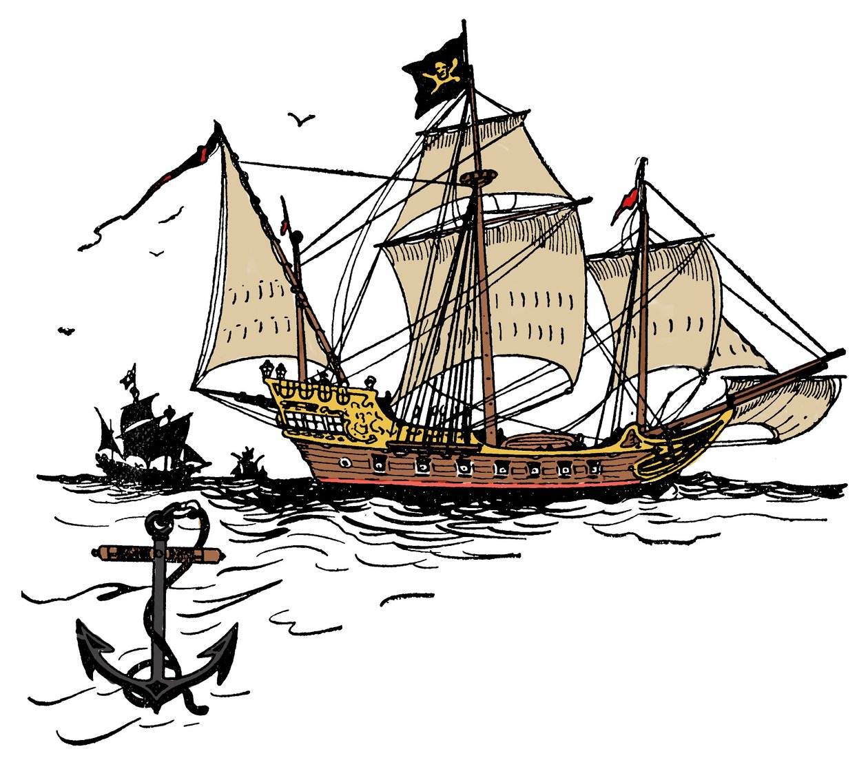 Um navio pirata ao largo da Ilha das Tartarugas no Mar do Caribe Ilustração do "The boy