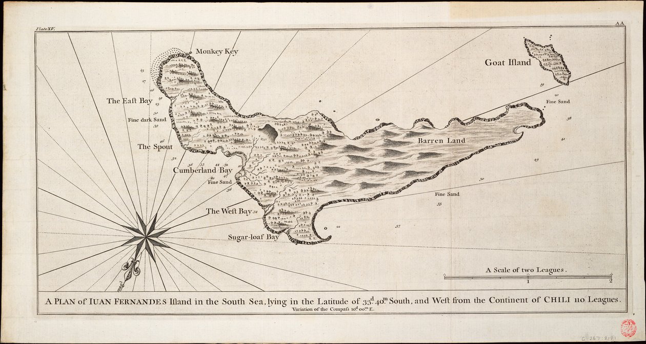 Planta da ilha de Iuan Fernandes no Mar do Sul, situada na latitude de 33d. 40m. sul, e a oeste do continente de Chili 110 léguas, c.1750 (gravura) de George Anson