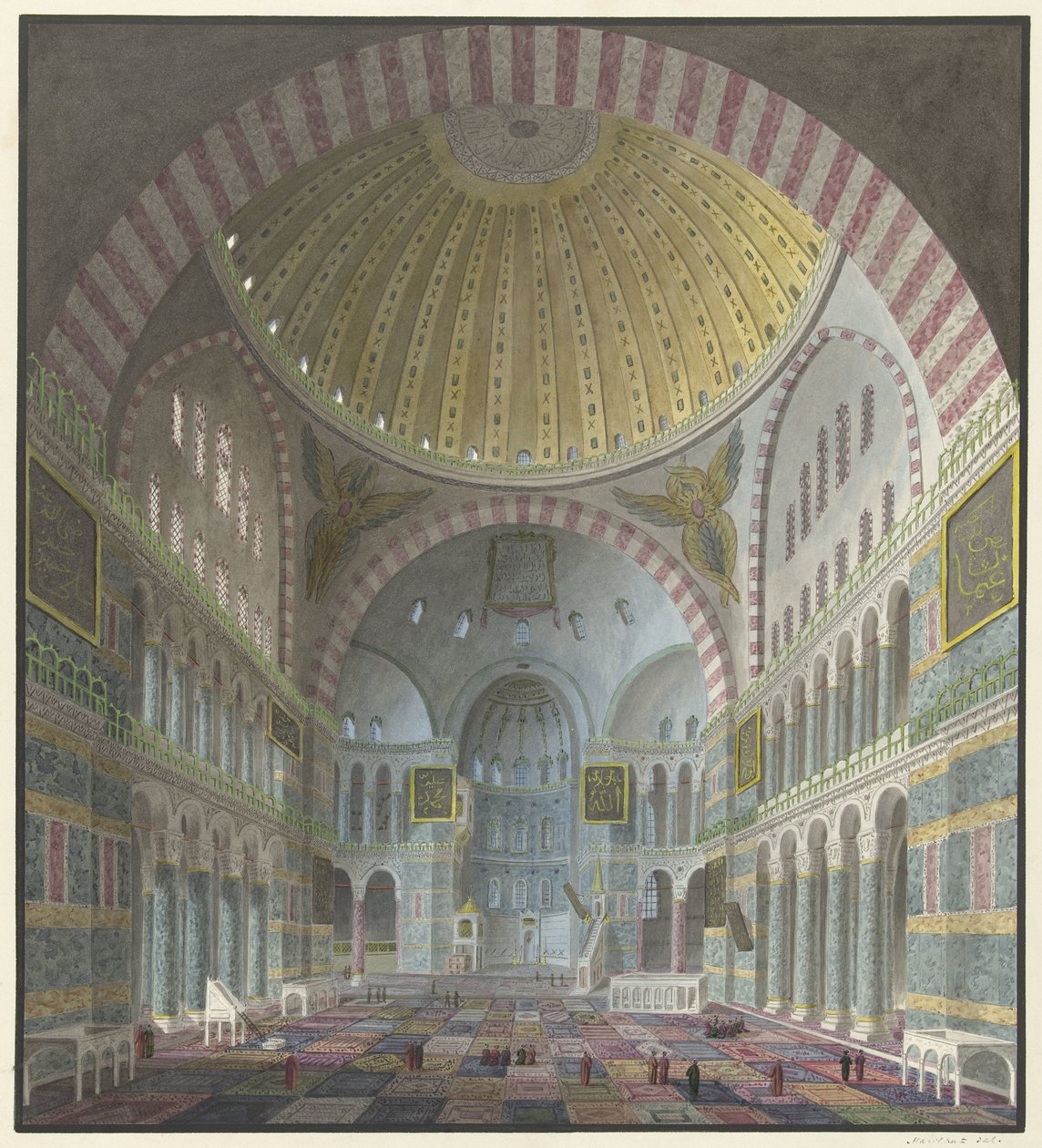 Interior da Hagia Sophia com turcos ajoelhados e em pé de George Antoine Prosper Marilhat