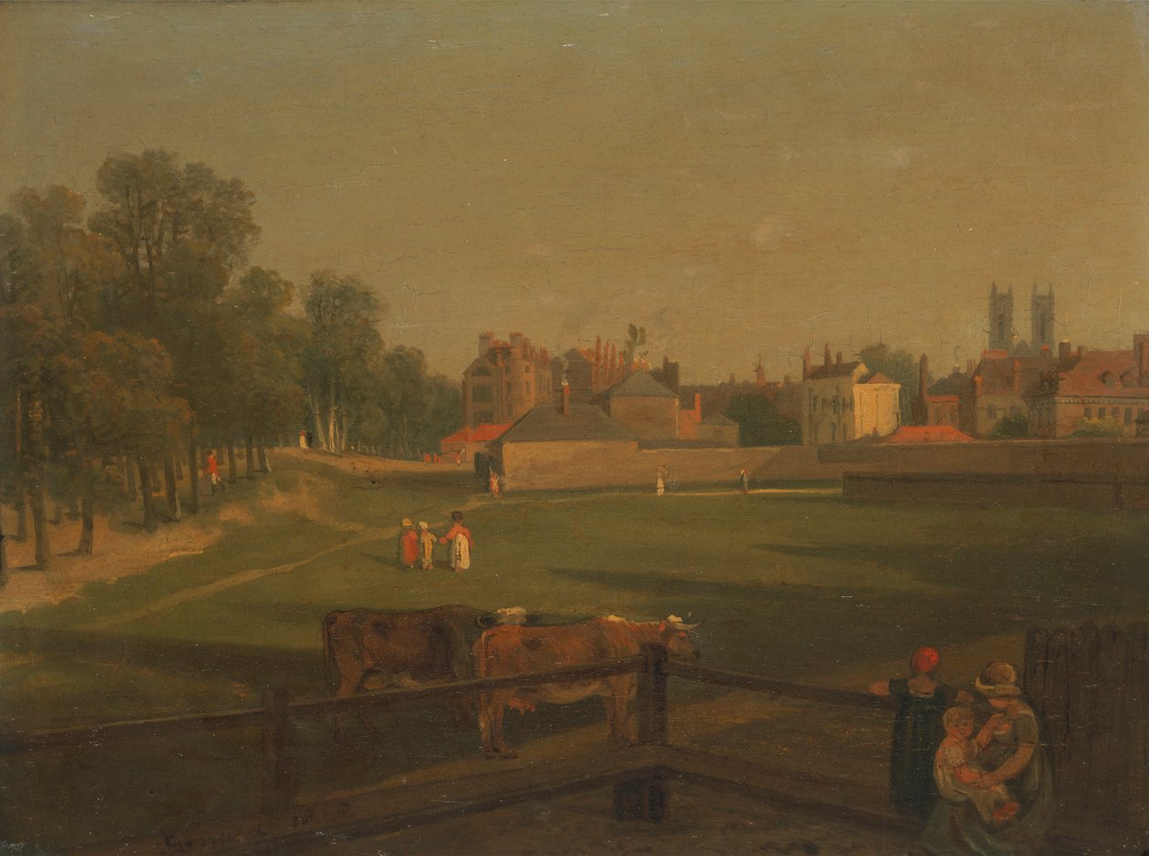 Uma vista ocidental de parte da Westminster e da Bird Cage Walk tirada da Mill House de George Arnald