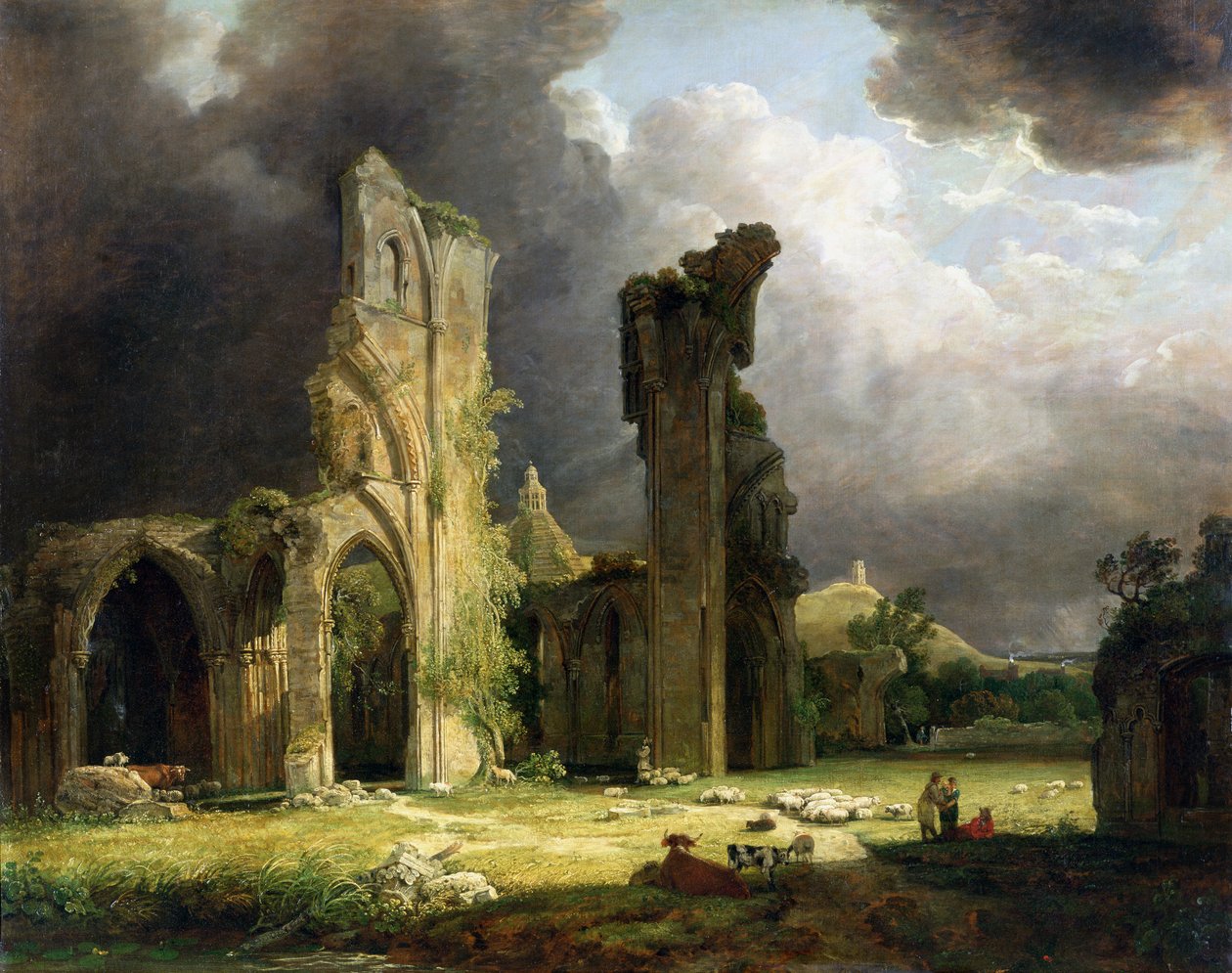 Abadia de Glastonbury com o Tor além de George Arnald