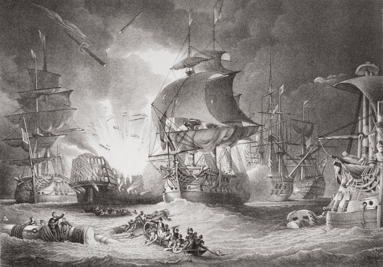 A Batalha do Nilo, 1 de agosto de 1798, de "Ilustrações da História Escocesa e Inglesa", Volume II de George Arnald