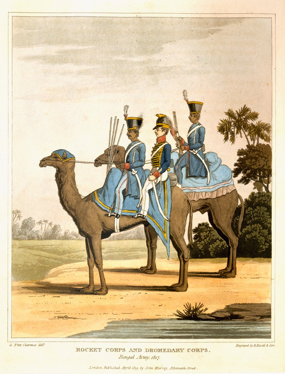 Corpo de foguete e corpo de dromedários, exército de Bengala 1817, de &39;Jornal de uma rota em toda a Índia e através do Egito&39;, gravado por R. Havell e filho, pub. por John Murray, 1819 de George Augustus Fitzclarence