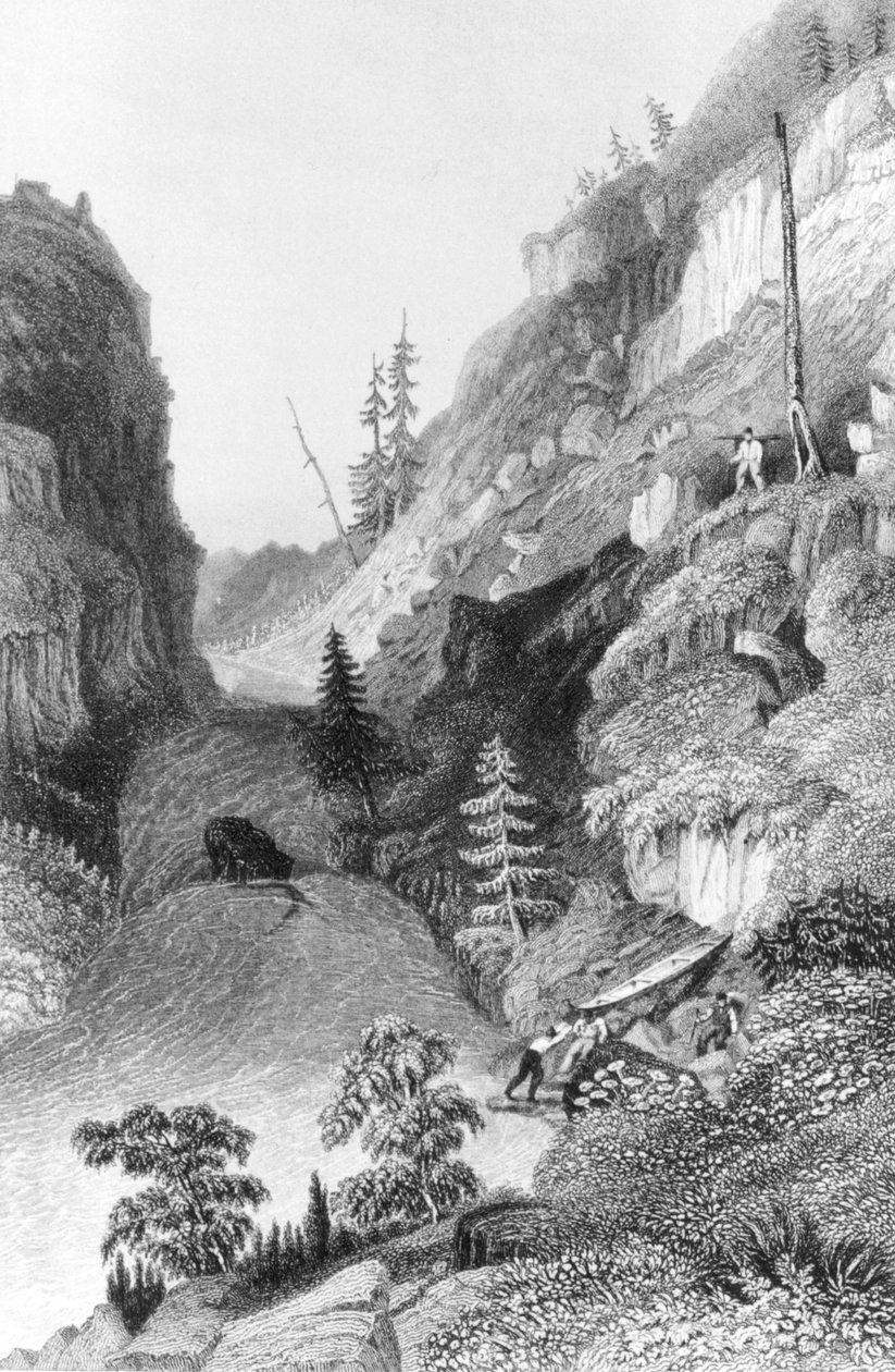 Uma portage no Rio Hoarfrost, de "Expedição narrativa da Terra Ártica até a Foz do Rio Grande Peixe", gravada por Edward Finden (1791-1857), publicada em 1836 de George Back