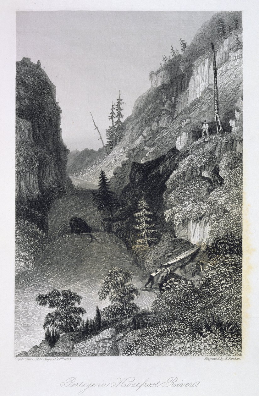 Portage no Rio Hoarfrost, 19 de agosto de 1833, de &39;Narrativa da Expedição da Terra Ártica à Foz do Grande Rio do Peixe e ao Longo das Margens do Oceano Ártico nos Anos 1833-35&39;, por Cap de George Back