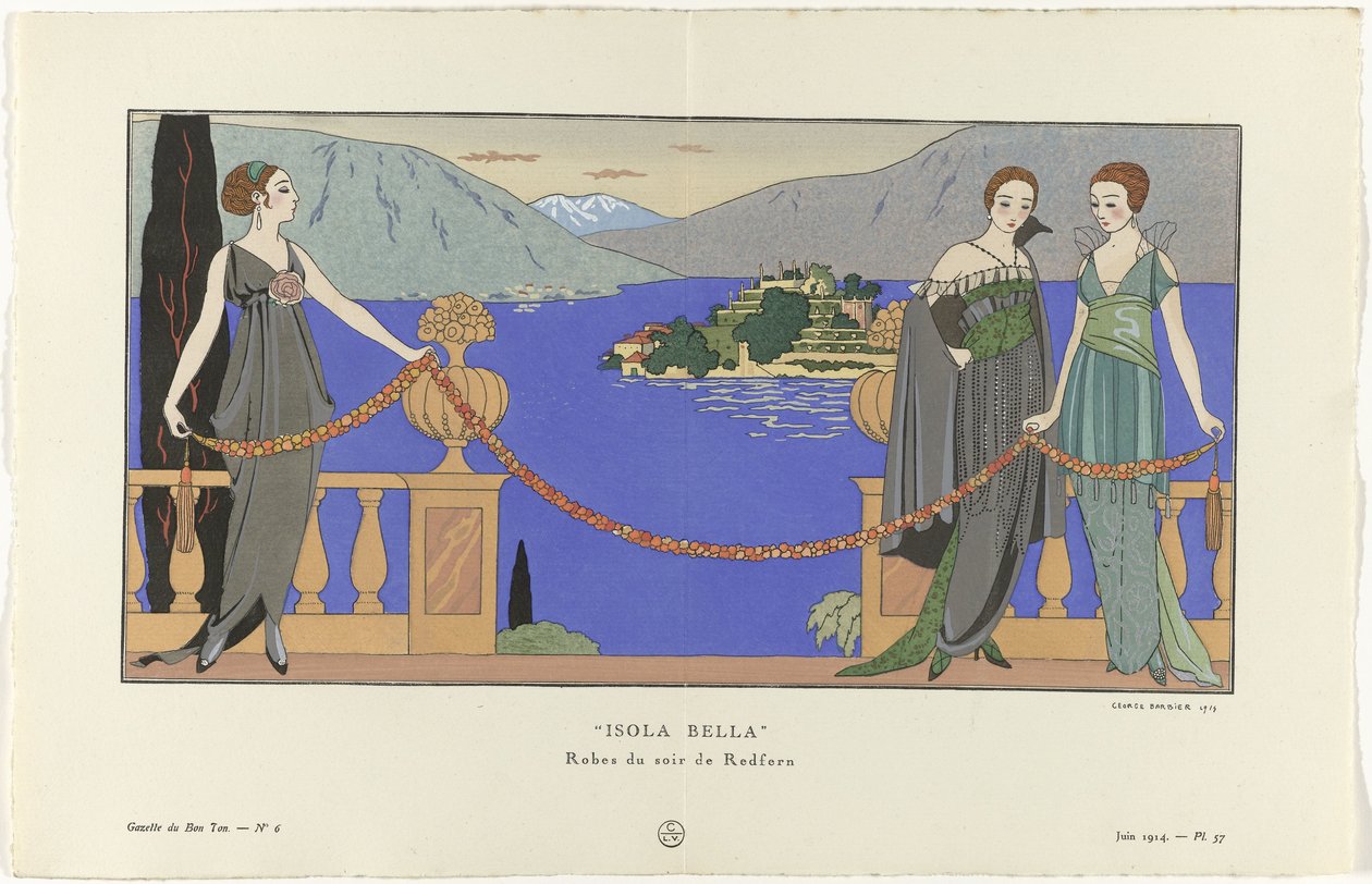 Gazette du Bon Ton, 1914 - No. 6, Pl. 57: Isola Bella/ Redfern Evening Dresses (título sobre o objecto) de George Barbier