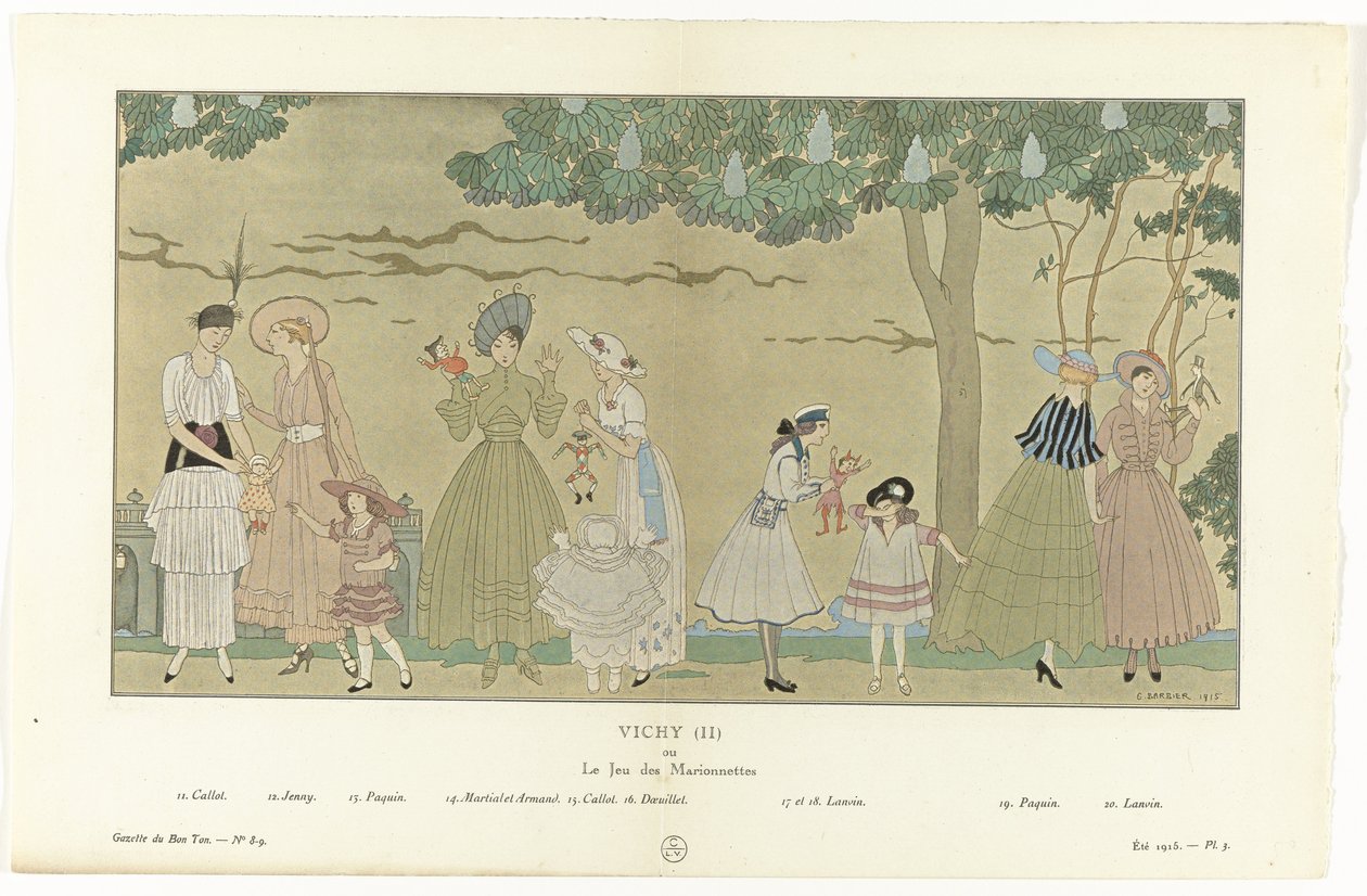 Gazette du Bon Ton, Verão 1915 - No. 8-9, Pl. 3: Vichy (II) / ou / Le Jeu des Marionnettes (título sobre o objecto) de George Barbier