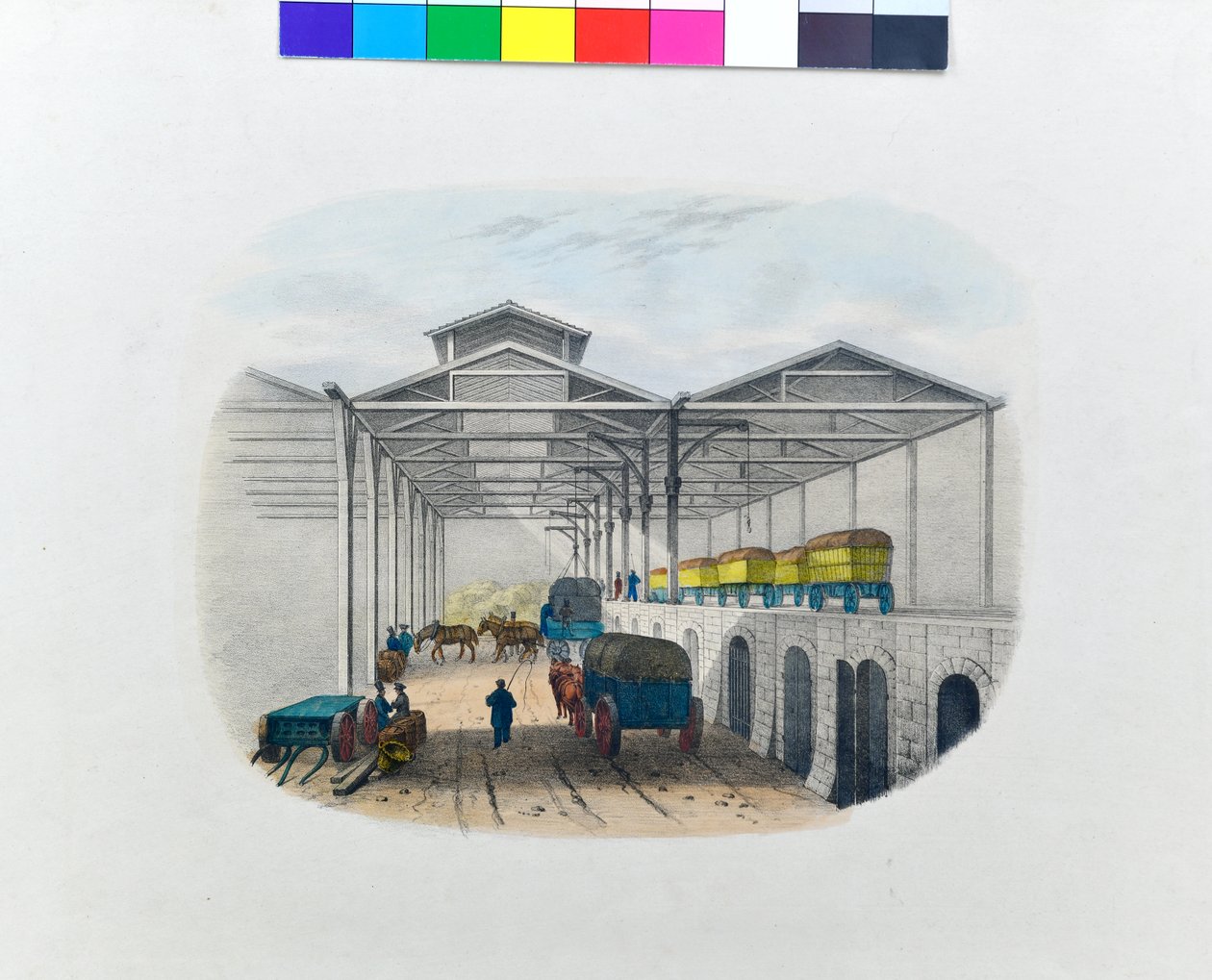 Vista do depósito de transferência de mercadorias, c.1830 (litografia sobre papel) de George Barnard
